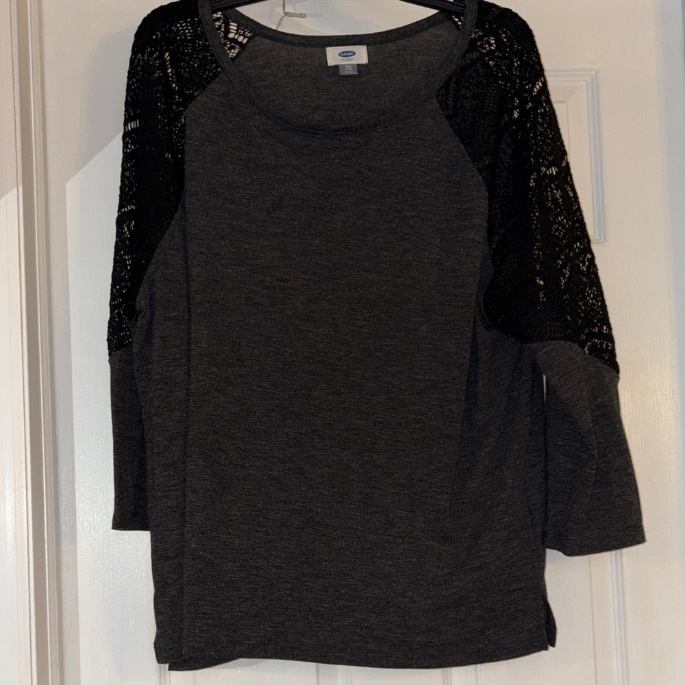 Old Navy Women's Gray Sweatshirt with Black Lace Sleeves